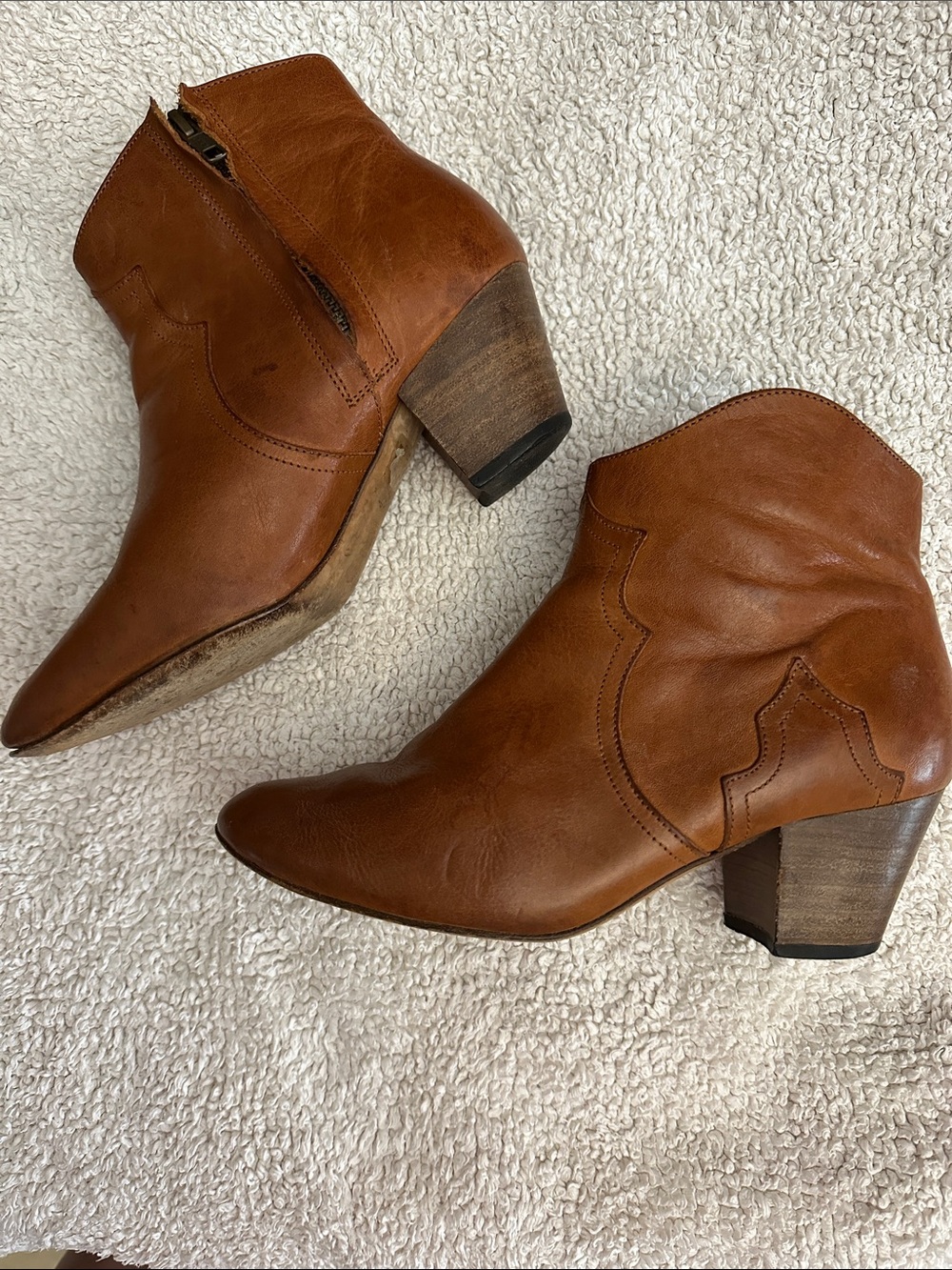 Isabel Marant Dicker Leather Ankle Boots Tan Cognac Western Booties Size 37